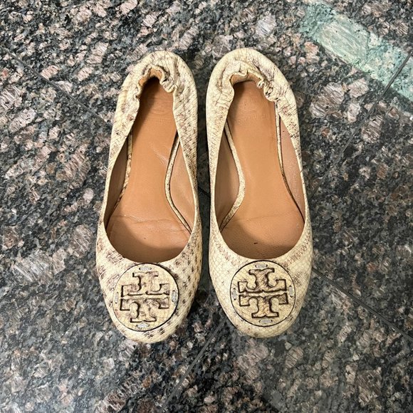 Tory Burch Reva Snake Embossed Leather Flats - Picture 3 of 9